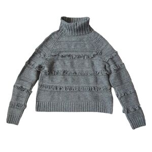 Brown Allan Merino Wool Cashmere Knit Sweater, Crop, Turtleneck, Fringe, XS